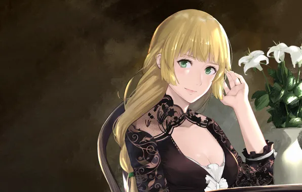 Girl, sexy, cleavage, blouse, green eyes, long hair, boobs, anime