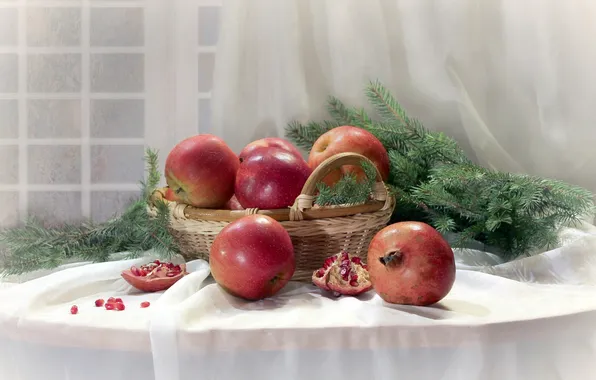 Яблоки, ель, фрукты, натюрморт, гранат