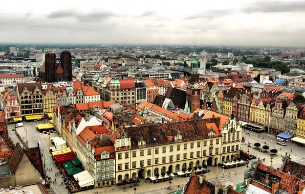 Дома, Польша, панорама, вид сверху, улицы, Wroclaw