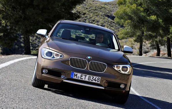 Дорога, лес, деревья, горы, BMW, шоссе, коричневый, уклон