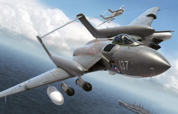 Рисунок, арт, De Havilland, Sea Vixen, британский двухместный палубный истребитель, ВМС Великобритании, DH.110