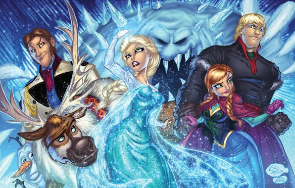 Frozen, Anna, art, Elsa, Olaf, Sven, Kristoff, Hans