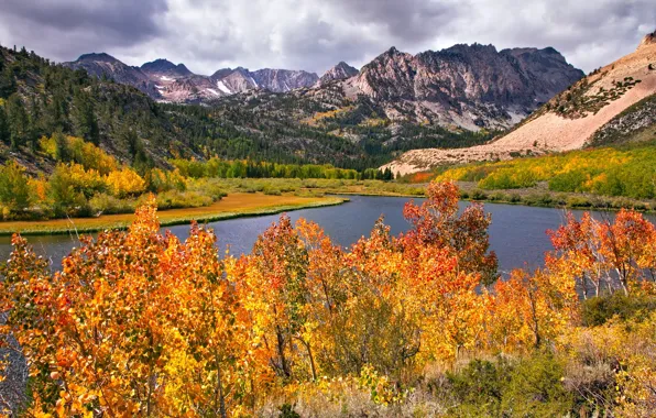 Картинка осень, листья, деревья, пейзаж, горы, река