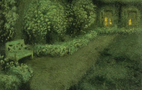 Свет, пейзаж, ночь, дом, картина, окно, скамья, Henri Le Sedaner