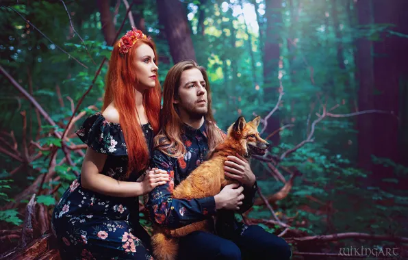 Лес, взгляд, девушка, ветки, природа, макияж, платье, лиса