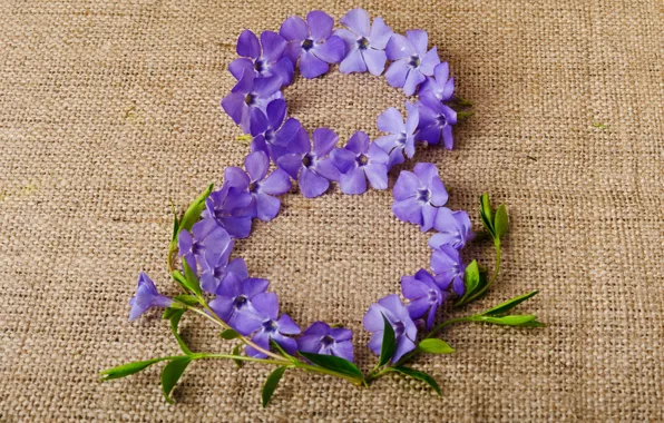 Картинка цветы, фон, фиолетовые, цифра, ткань, 8 марта, дата, женский день