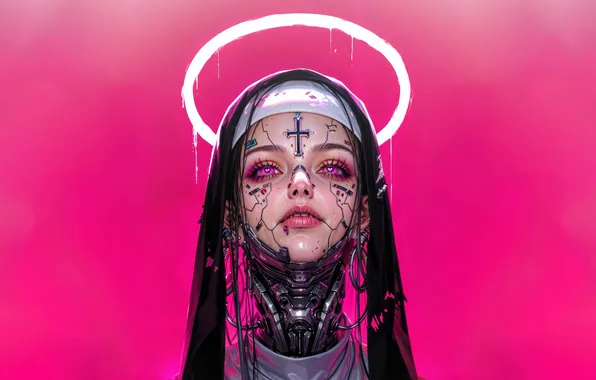 Anime, Sci-Fi, Pink Background, Cyberpunk, Nun, Anime Girl