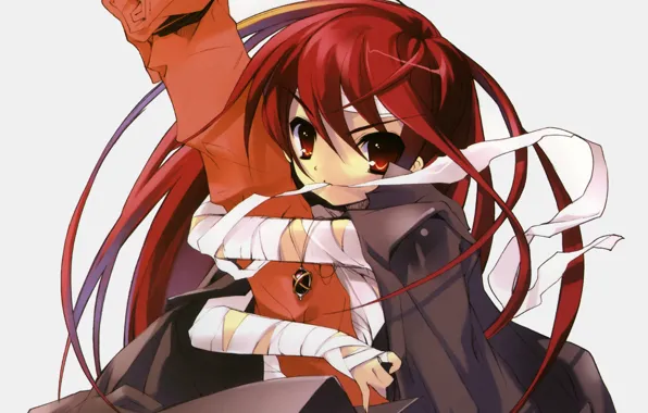 Кулон, белый фон, плащ, shakugan no shana, shana, art, бинты, красные волосы