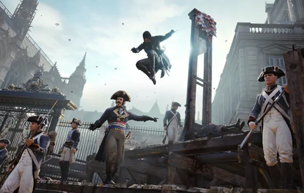 Картинка убийство, солдаты, ассасин, стража, гильотина, Assassin's Creed: Unity