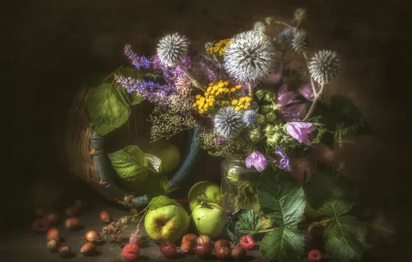 Малина, яблоки, букет, фундук, мордовник