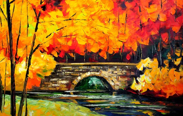 Осень, листья, деревья, пейзаж, мост, река, картина