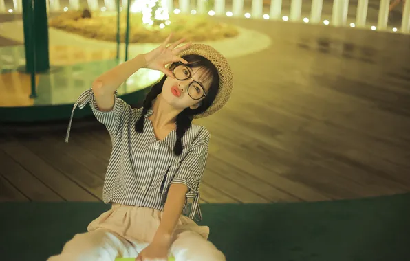 Beautiful, Asian, Model, Lights, Night, Woman, Hat, Cute