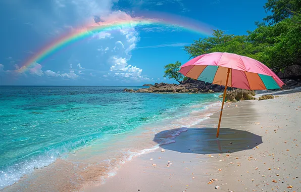 Картинка песок, море, пляж, лето, радуга, зонт, colorful, summer