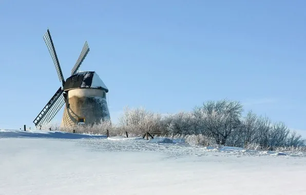 Снег, забор, Зима, мельница