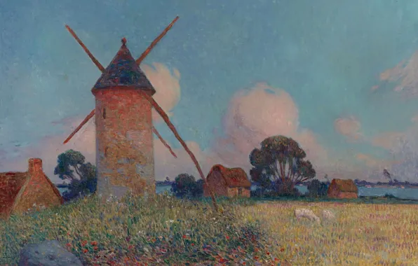 Картинка трава, облака, цветы, картина, Ferdinand du Puigaudeau, Фердинанд дю Пюигадо, Пейзаж с Ветряной Мельницей