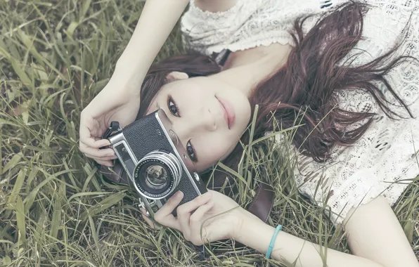 Girl, camera, Yashica, direct gaze