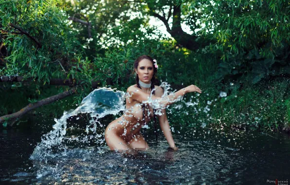 Trees, nature, boobs, water, model, women, nude, brunette