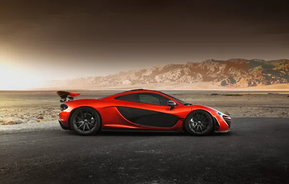 Картинка McLaren, Orange, Hybrid, Side, Death, Sand, Supercar, Valley