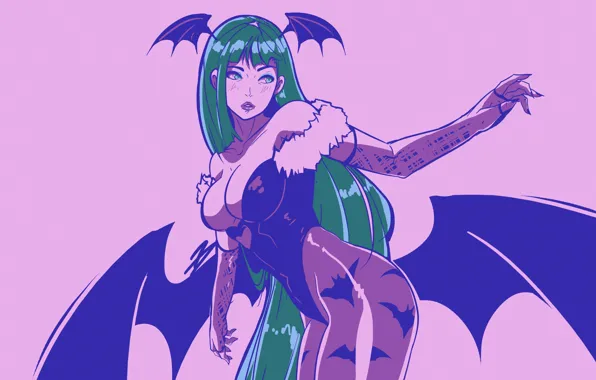 Грудь, поза, крылья, вампир, задница, Morrigan, art, capcom