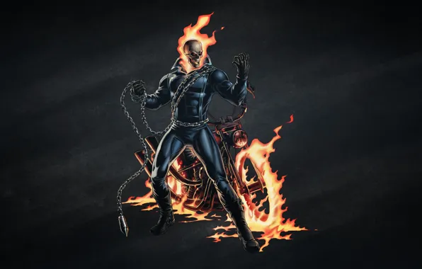 Картинка темный фон, огонь, череп, цепь, скелет, мотоцикл, Ghost Rider, Призрачный гонщик