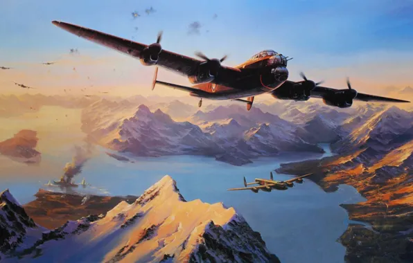 Горы, дым, рисунок, корабль, арт, линкор, World War II, 1944