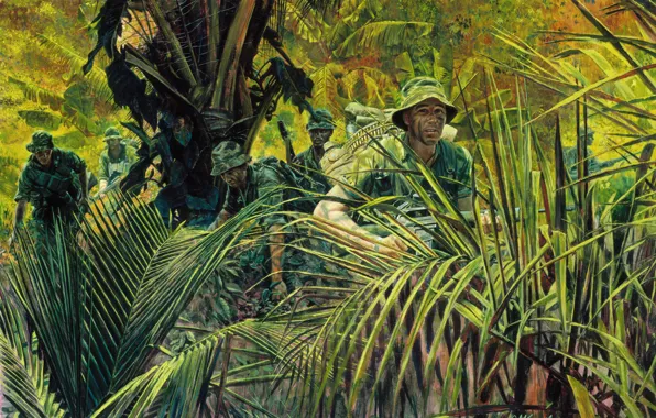 Картинка оружие, рисунок, джунгли, солдаты, Вьетнам, экипировка, M.Kunstler.