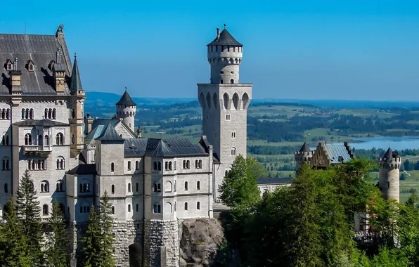 Замок, стены, панорама, башни, Нойшванштайн