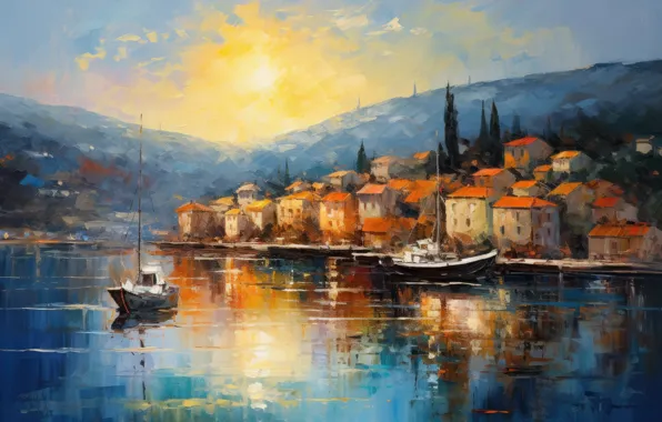 Вода, солнце, свет, пейзаж, закат, горы, природа, город
