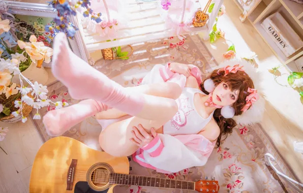 Beautiful, Asian, Model, Bed, Guitar, Woman, Jacket, Pretty