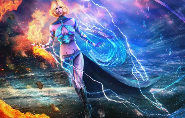 Вода, девушка, шторм, огонь, магия, арт, Guild Wars 2, elementalist