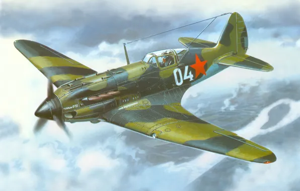 Картинка небо, рисунок, истребитель, самолёт, советский, высотный, времён, Второй мировой войны