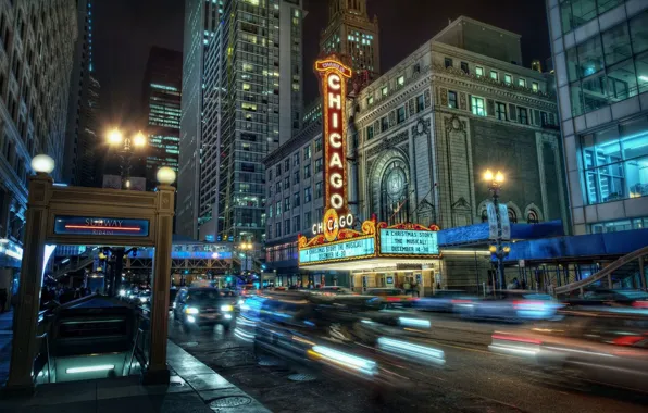 City, chicago, downtown, subway, night lights, posters