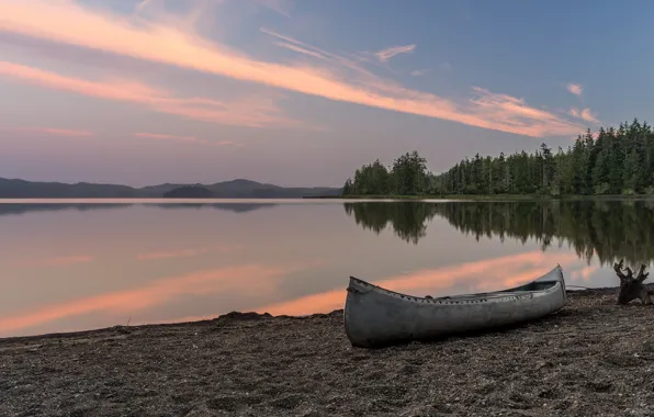 Картинка лес, пляж, озеро, рассвет, лодка