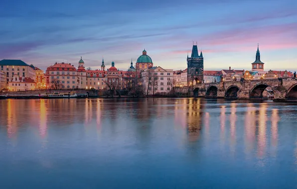 Мост, река, здания, дома, Прага, Чехия, Prague, Czech Republic