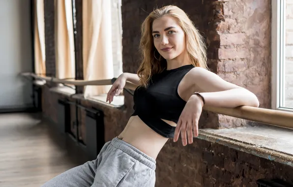 Картинка woman, young, blonde, smiling, portrait, leaning, barre
