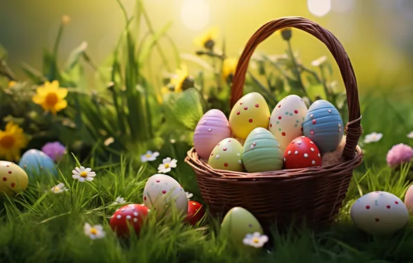Картинка цветы, корзина, поляна, яйца, весна, colorful, Пасха, happy