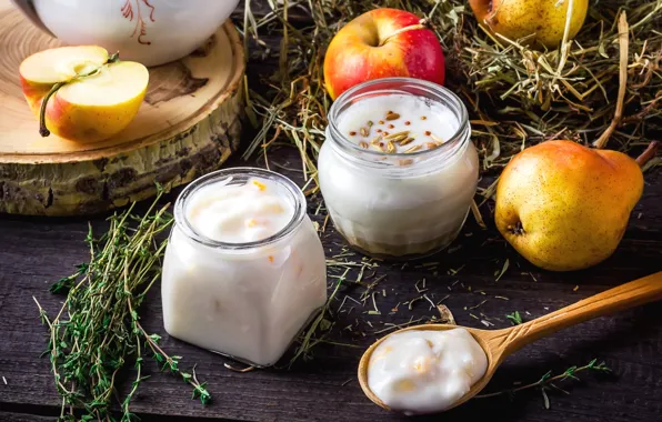 Картинка яблоки, йогурт, груши
