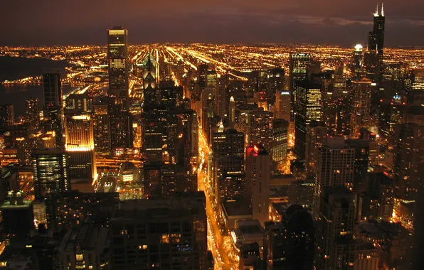 Картинка ночь, огни, небоскребы, Чикаго, улицы, панорамма