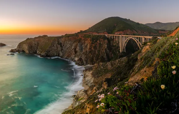 Мост, океан, побережье, Калифорния, Pacific Ocean, California, Тихий океан, Bixby Bridge