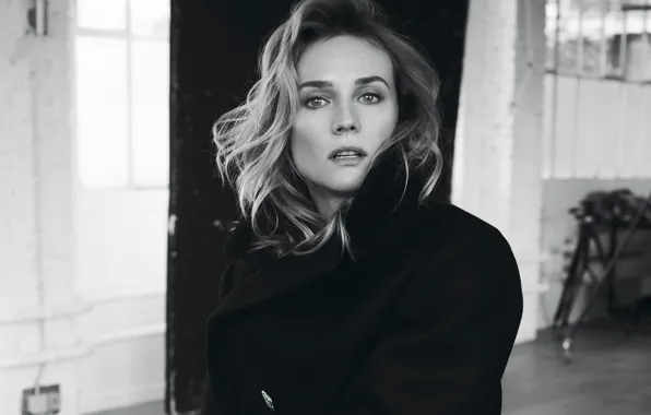Модель, макияж, актриса, прическа, черно-белое, пальто, Diane Kruger, Дайан Крюгер