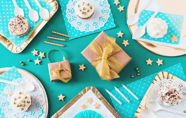 Картинка фон, голубой, подарки, десерт, декор, Cake, День Рождения, Birthday