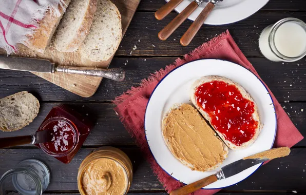 Bread, breakfast, table, dish, knives, fruit candy