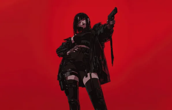 Gun, style, red background, Anime Girls, A girl with a gun