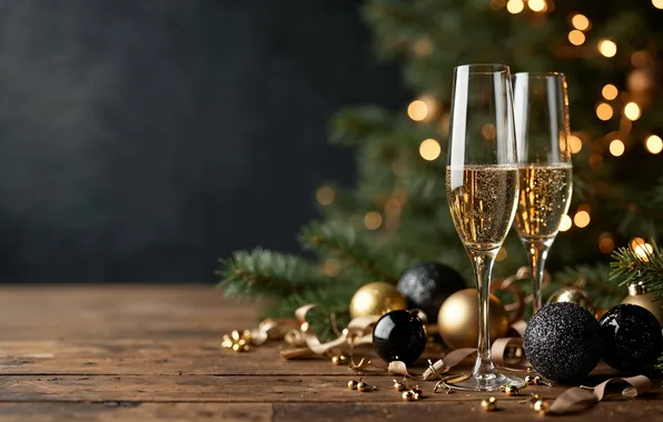 Украшения, шары, бокалы, Рождество, Новый год, golden, new year, шампанское