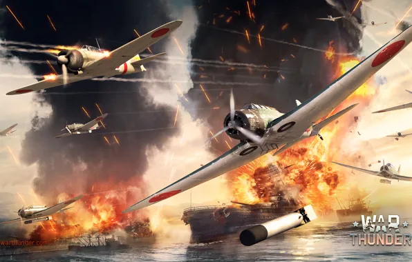 Картинка небо, взрыв, война, корабль, истребитель, Мицубиси, Mitsubishi, Арт