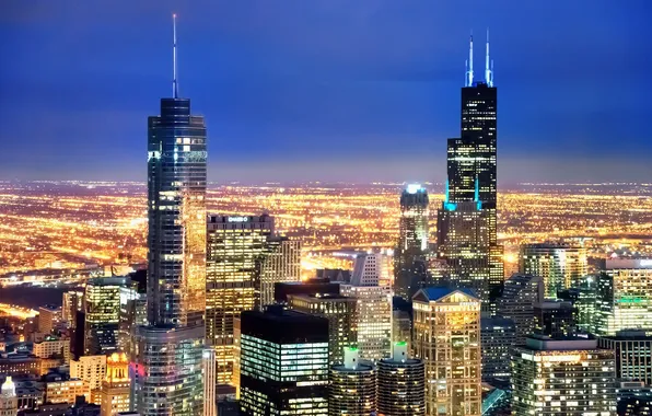 Картинка ночь, city, огни, небоскребы, USA, америка, чикаго, Chicago