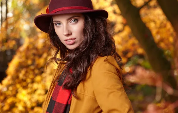 Осень, взгляд, девушка, фото, шляпа