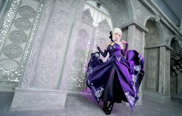 Awesome, cosplay, purple, cute, white hair, temple, saber alter, slim