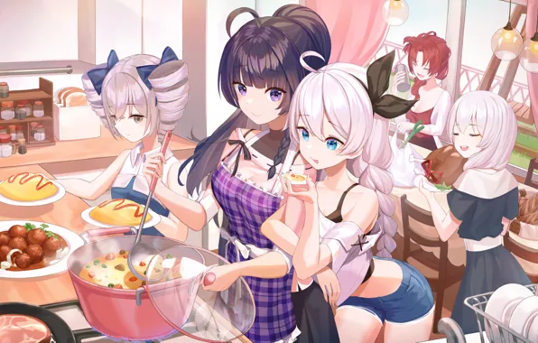 Девушки, еда, кухня, Honkai Impact 3rd, Kiana Kaslana, Bronya Zaychik, Raiden Mei, Theresa Apocalypse