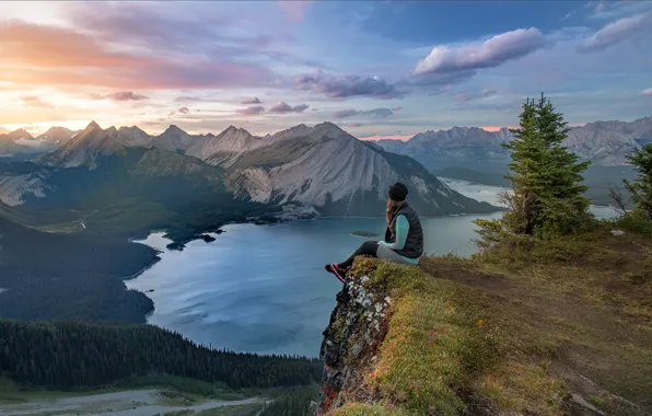 Картинка лес, небо, девушка, горы, озеро, Канада, вид сверху, Evgeny